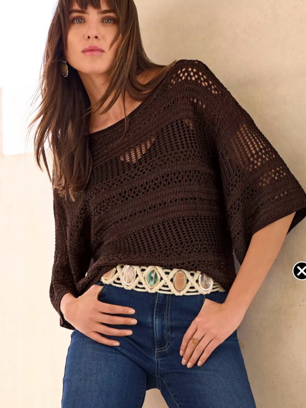 Brown Crochet Knit Women's Sweater - Classic Lightweight Pullover